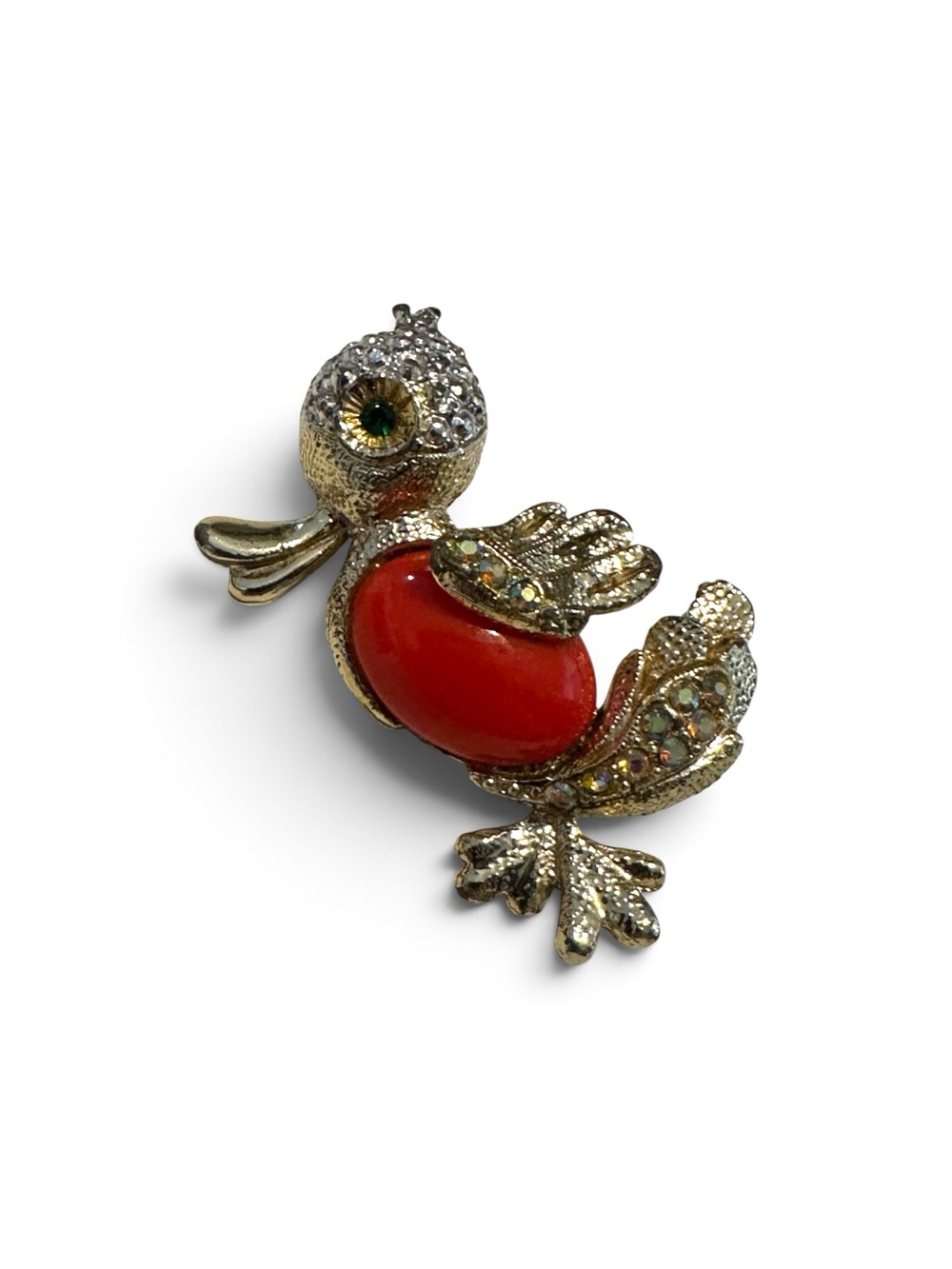 Vintage Rhinestone Red Cabochon Duck Bird Brooch